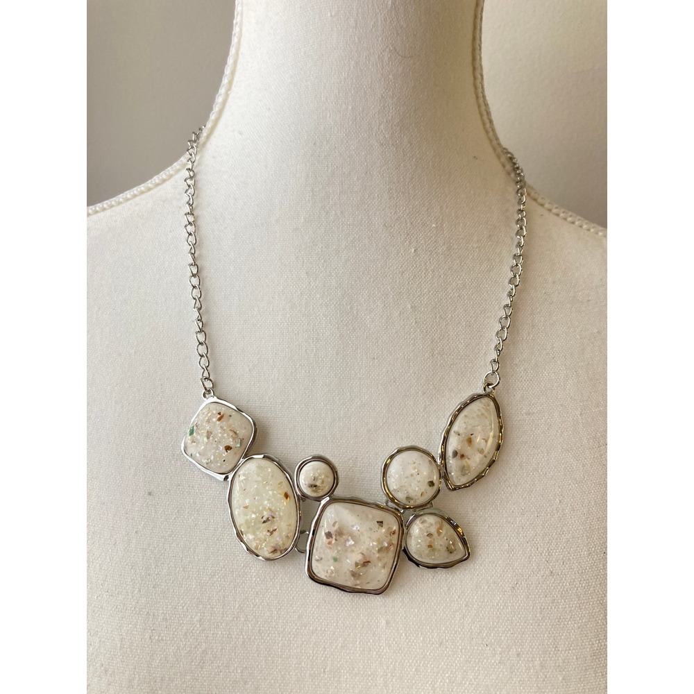 Silver Tone White Geometric Resin Statement Bib Necklace Crushed Shell Inlay